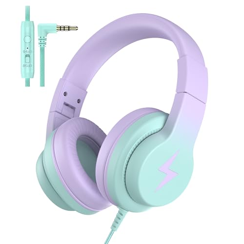 Candy Bila Kids Headphones, Wired Headphones for Kids Over Ear with Microphone, 85/94dB Volume Limiter Headphone for Girls Boys, Foldable Headphone for Learning & Entertainment,Gradient Purple