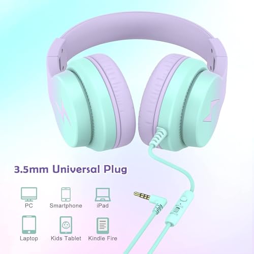Candy Bila Kids Headphones, Wired Headphones for Kids Over Ear with Microphone, 85/94dB Volume Limiter Headphone for Girls Boys, Foldable Headphone for Learning & Entertainment,Gradient Purple