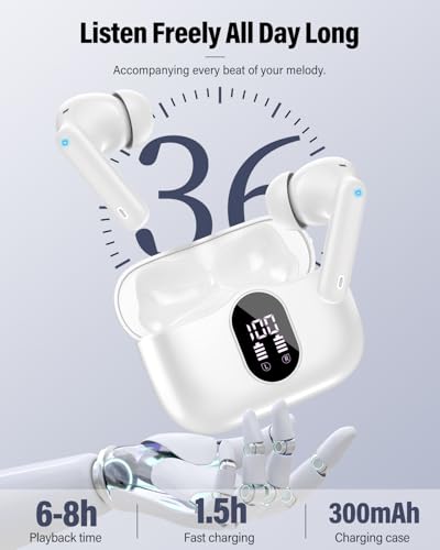 Wireless Earbuds, Bluetooth 5.4 Headphones Bass Stereo, Ear Buds with Noise Cancelling Mic, LED Display in Ear Earphones Clear Calls, IP7 Waterproof Bluetooth Earbuds for Phones/Sports/Laptop, White