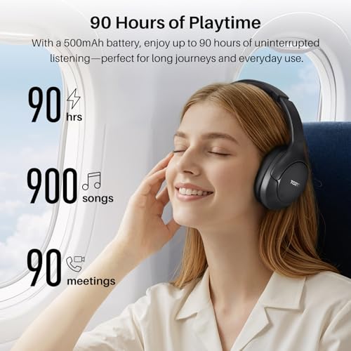 TOZO HT3 Hybrid Noise Cancelling Headphones, 90H Battery Life Wireless Over Ear Bluetooth 6.0 Foldable Headset, AI Voice Assistant with 5 Mics, Connect 2 Devices and Hi-Res Sound, 32 EQ Audio Presets