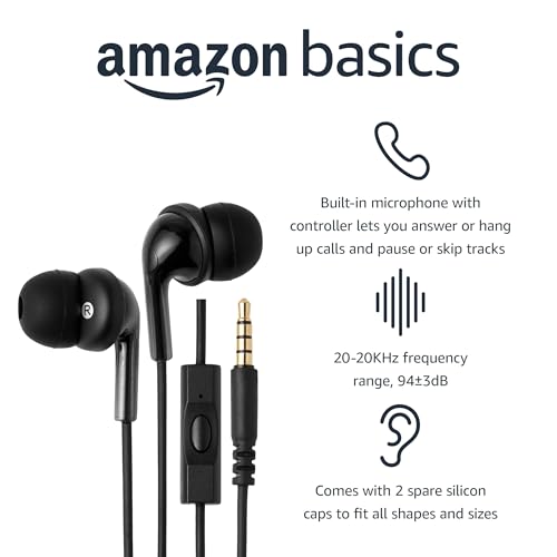 Basics Wired Earbuds with Microphone, In-Ear Headphones, 3.5mm Jack, High Definition Sound, Secure Fit, 4.2 ft Cable, S/M/L Ear Tips, Black