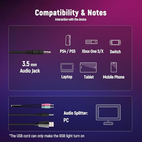 Ozeino Gaming Headset for PC, Ps4, Ps5, Xbox Headset with 7.1 Surround Sound Gaming Headphones with Noise Canceling Mic, LED Light Over Ear Headphones for Switch, Xbox Series X/S, Laptop, Mobile White