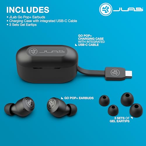JLab Go Air Pop+ True Wireless Earbuds, in Ear Headphones, Bluetooth Earphones, 35H Playtime Ear Buds, Bluetooth Earbuds with Microphone, USB-C Charging Case, Dual Connect, EQ3 Sound, Black