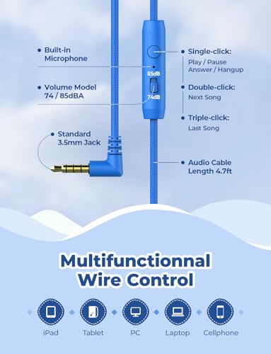 iClever Kids Headphones for School Travel, Safe Volume Limited, HD Mic Stereo Sound Over-Ear Girls Boys Headphones for Kid, FunShare Foldable 3.5mm Wired for iPad Computer, HS19