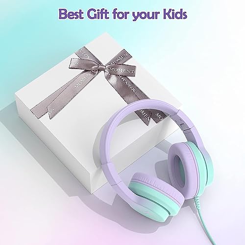 Candy Bila Kids Headphones, Wired Headphones for Kids Over Ear with Microphone, 85/94dB Volume Limiter Headphone for Girls Boys, Foldable Headphone for Learning & Entertainment,Gradient Purple