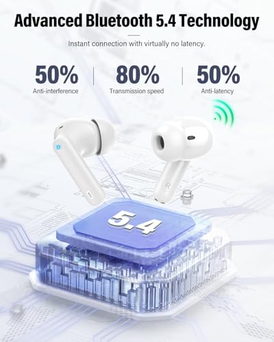 Wireless Earbuds, Bluetooth 5.4 Headphones Bass Stereo, Ear Buds with Noise Cancelling Mic, LED Display in Ear Earphones Clear Calls, IP7 Waterproof Bluetooth Earbuds for Phones/Sports/Laptop, White