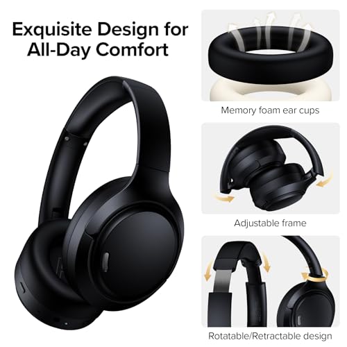 Hybrid Active Noise Cancelling Headphones Wireless, 120Hrs Playtime, 6 ENC Clear Mic, Over Ear Bluetooth Headphones with Hi-Res Audio Comfort Earcup Foldable ANC Headphone for Travel Game Home Office