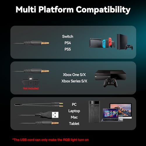 Gaming Headset with Microphone for Pc, Xbox One Series X/s, Ps4, Ps5, Switch, Stereo Wired Noise Cancelling Over-Ear Headphones with Mic, RGB, for Computer, Laptop, Mac, Nintendo (Blue)