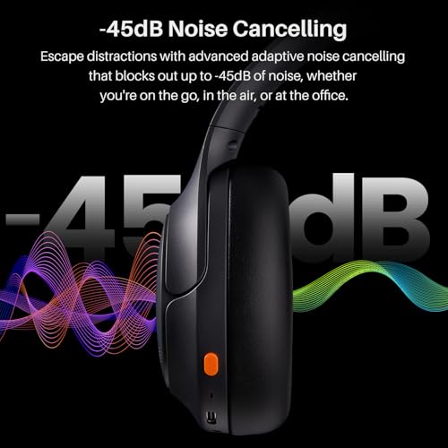 TOZO HT3 Hybrid Noise Cancelling Headphones, 90H Battery Life Wireless Over Ear Bluetooth 6.0 Foldable Headset, AI Voice Assistant with 5 Mics, Connect 2 Devices and Hi-Res Sound, 32 EQ Audio Presets