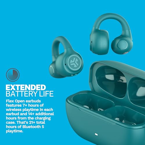 JLab Flex Open Earbuds, Wireless Bluetooth Open-Ear Headphones with Clip-on Cuff Design, Multipoint Connectivity, App Customization, 21+ Hours Battery, IPX4, Teal