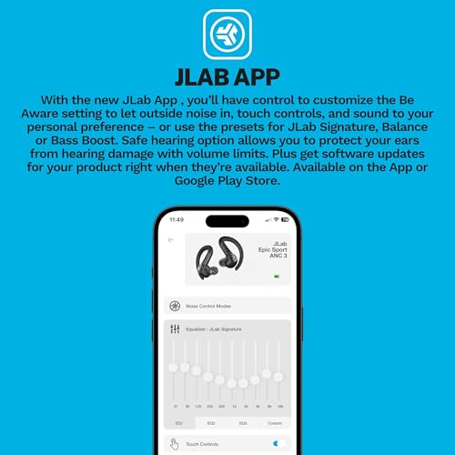JLab Epic Air Sport ANC 3 True Wireless Bluetooth Earbuds for Active Workout, Hybrid Dual Drivers for Premium Sound, Hi-Res Audio, Spatial Audio, AAC, Sweatproof, 12+ Hours Playtime, Google Fast Pair