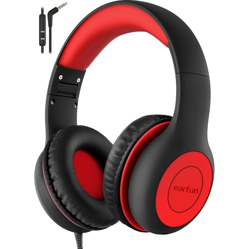 EarFun K1 Kids Headphones Wired with Microphone, 85/94dB Volume Limit Headphones for Kids, Portable Wired Headphone with Shareport, Stereo Sound Foldable Headset for School/Tablet/iPad, Black Red