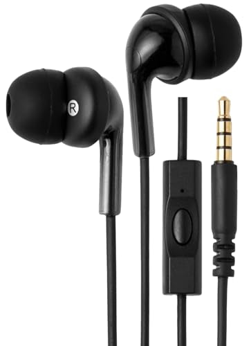 Basics Wired Earbuds with Microphone, In-Ear Headphones, 3.5mm Jack, High Definition Sound, Secure Fit, 4.2 ft Cable, S/M/L Ear Tips, Black