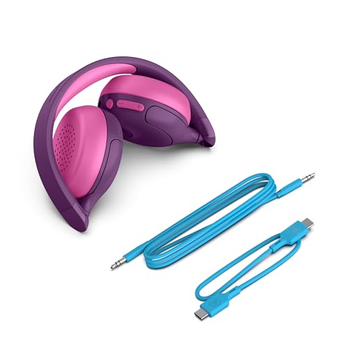 JLab JBuddies ANC 2 in 1 Wireless + Wired Kids Headphones, Active Noise Canceling and Be Aware Modes, Safe Volume Settings, 50+ Hours Playtime, Adjustable, Purple/Pink