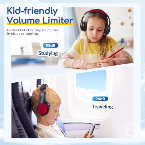 EarFun K1 Kids Headphones Wired with Microphone, 85/94dB Volume Limit Headphones for Kids, Portable Wired Headphone with Shareport, Stereo Sound Foldable Headset for School/Tablet/iPad, Black Red