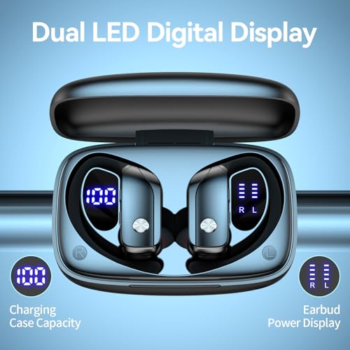 bmani Ear Buds Wireless Earbuds Bluetooth Headphones with 80H Playtime LED Display Case, Over-Ear Hook with Mic, Stereo Sound, Easy Button Controls, Sports Earphones for Running Workout Gym Black