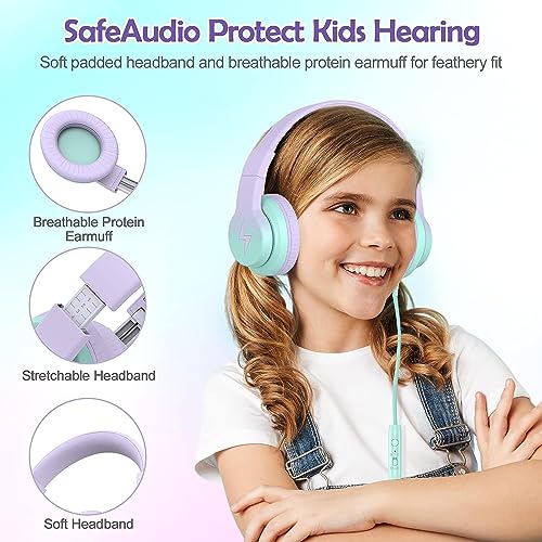 Candy Bila Kids Headphones, Wired Headphones for Kids Over Ear with Microphone, 85/94dB Volume Limiter Headphone for Girls Boys, Foldable Headphone for Learning & Entertainment,Gradient Purple