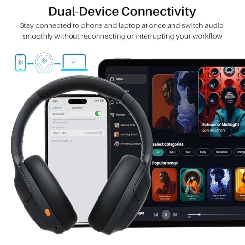 TOZO HT3 Hybrid Noise Cancelling Headphones, 90H Battery Life Wireless Over Ear Bluetooth 6.0 Foldable Headset, AI Voice Assistant with 5 Mics, Connect 2 Devices and Hi-Res Sound, 32 EQ Audio Presets