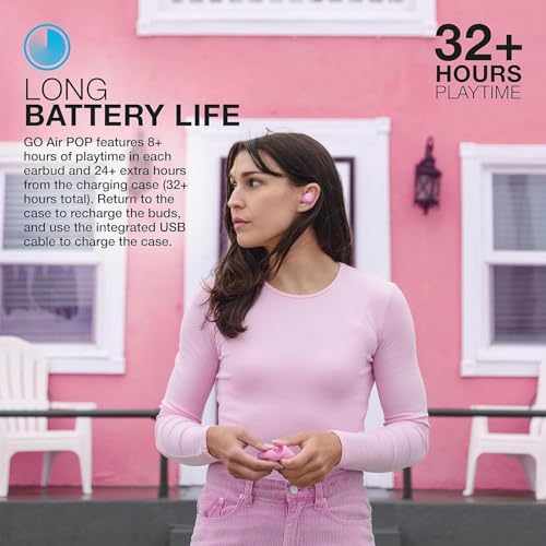 JLab Go Air Pop+ True Wireless Earbuds, in Ear Headphones, Bluetooth Earphones, 35H Playtime Ear Buds, Bluetooth Earbuds with Microphone, USB-C Charging Case, Dual Connect, EQ3 Sound, Pink