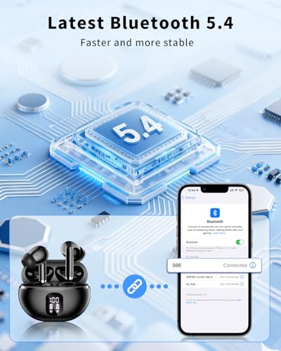 Wireless Earbuds, Bluetooth 5.4 Headphones with 50H Playback, Deep Bass Stereo Ear Buds Clear Calls with LED Power Display, IPX7 Waterproof, in-Ear Earphones with Mic for Phone/Android/iPad, Black