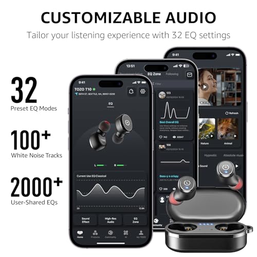 TOZO T10 Wireless Earbuds Bluetooth 5.3 Headphones, App Customize EQ, Ergonomic Design, 55H Playtime, Wireless Charging Case, IPX8 Waterproof Sound in-Ear Headset, New Version