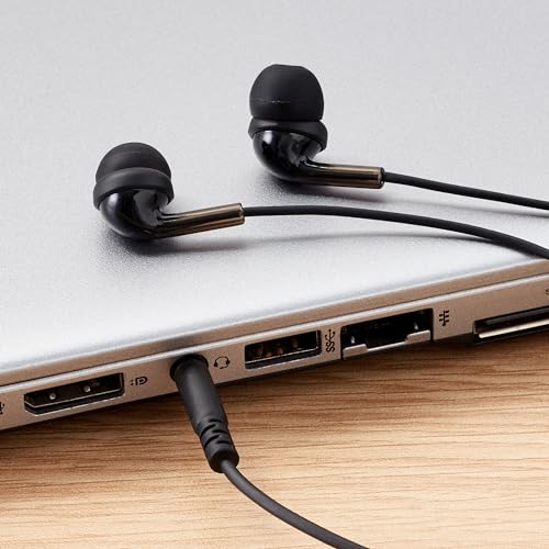 Basics Wired Earbuds with Microphone, In-Ear Headphones, 3.5mm Jack, High Definition Sound, Secure Fit, 4.2 ft Cable, S/M/L Ear Tips, Black