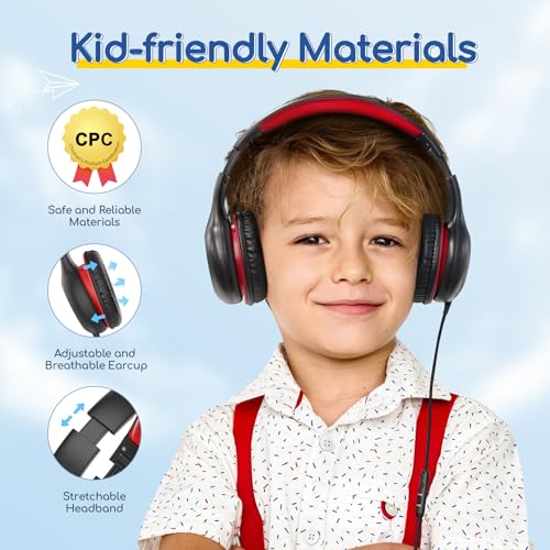 EarFun K1 Kids Headphones Wired with Microphone, 85/94dB Volume Limit Headphones for Kids, Portable Wired Headphone with Shareport, Stereo Sound Foldable Headset for School/Tablet/iPad, Black Red