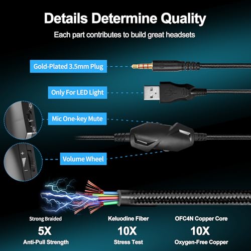 Gaming Headset with Microphone for Pc, Xbox One Series X/s, Ps4, Ps5, Switch, Stereo Wired Noise Cancelling Over-Ear Headphones with Mic, RGB, for Computer, Laptop, Mac, Nintendo (Blue)