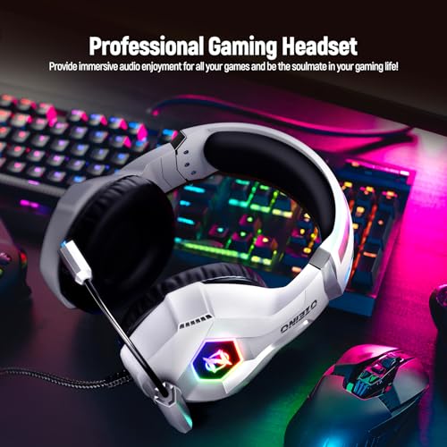Ozeino Gaming Headset for PC, Ps4, Ps5, Xbox Headset with 7.1 Surround Sound Gaming Headphones with Noise Canceling Mic, LED Light Over Ear Headphones for Switch, Xbox Series X/S, Laptop, Mobile White