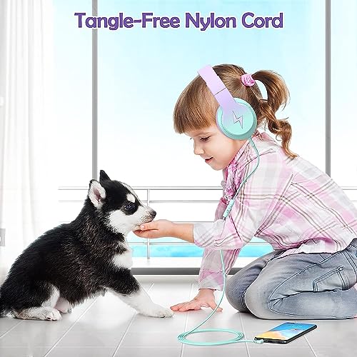 Candy Bila Kids Headphones, Wired Headphones for Kids Over Ear with Microphone, 85/94dB Volume Limiter Headphone for Girls Boys, Foldable Headphone for Learning & Entertainment,Gradient Purple